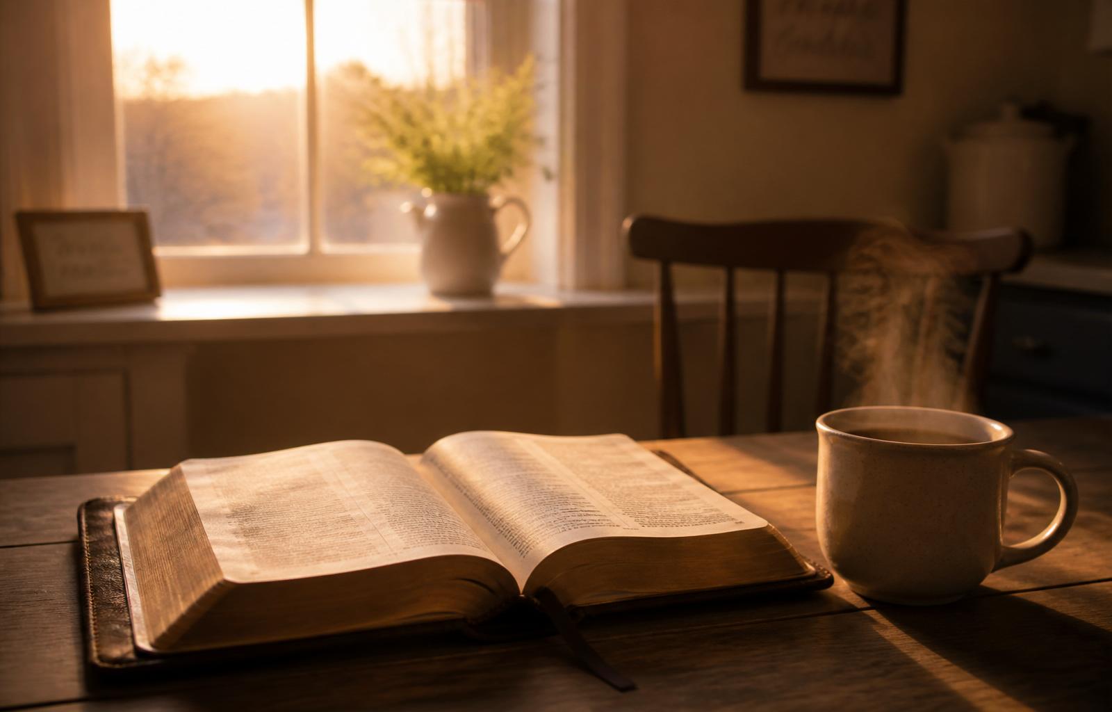 Open Bible and coffee at a quiet kitchen table at dawn
