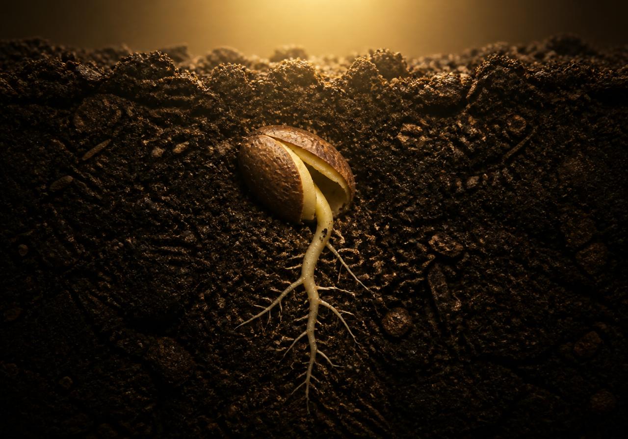 A single seed sprouting underground with tender roots